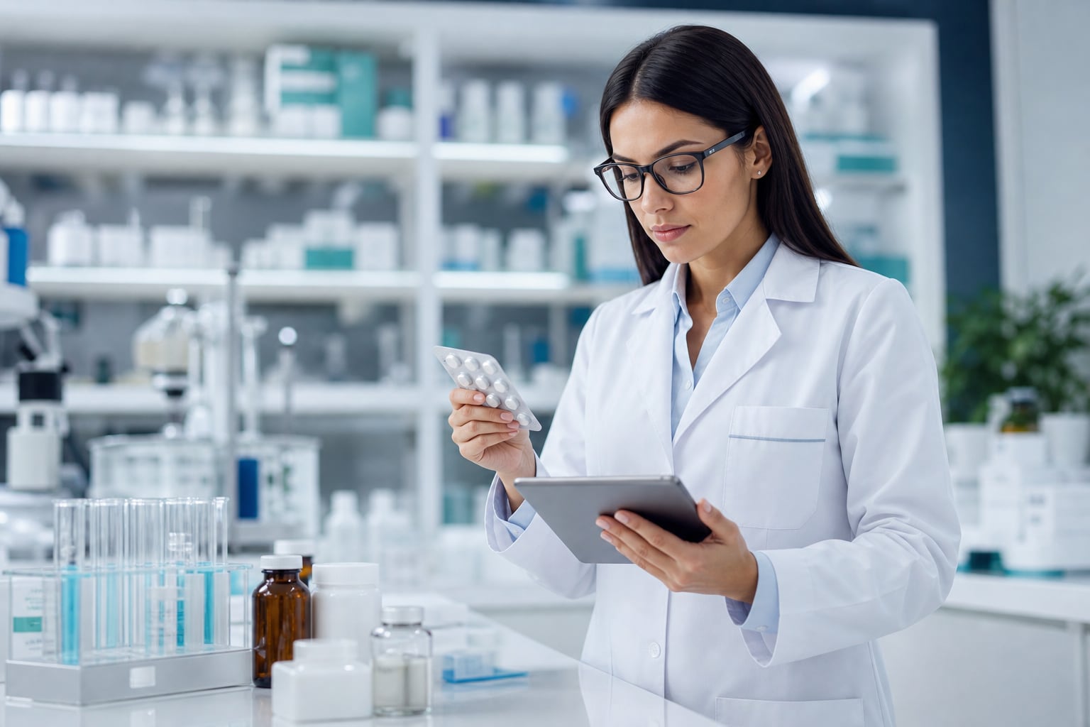 Profesional farmacéutica revisando muestras de medicamentos en laboratorio