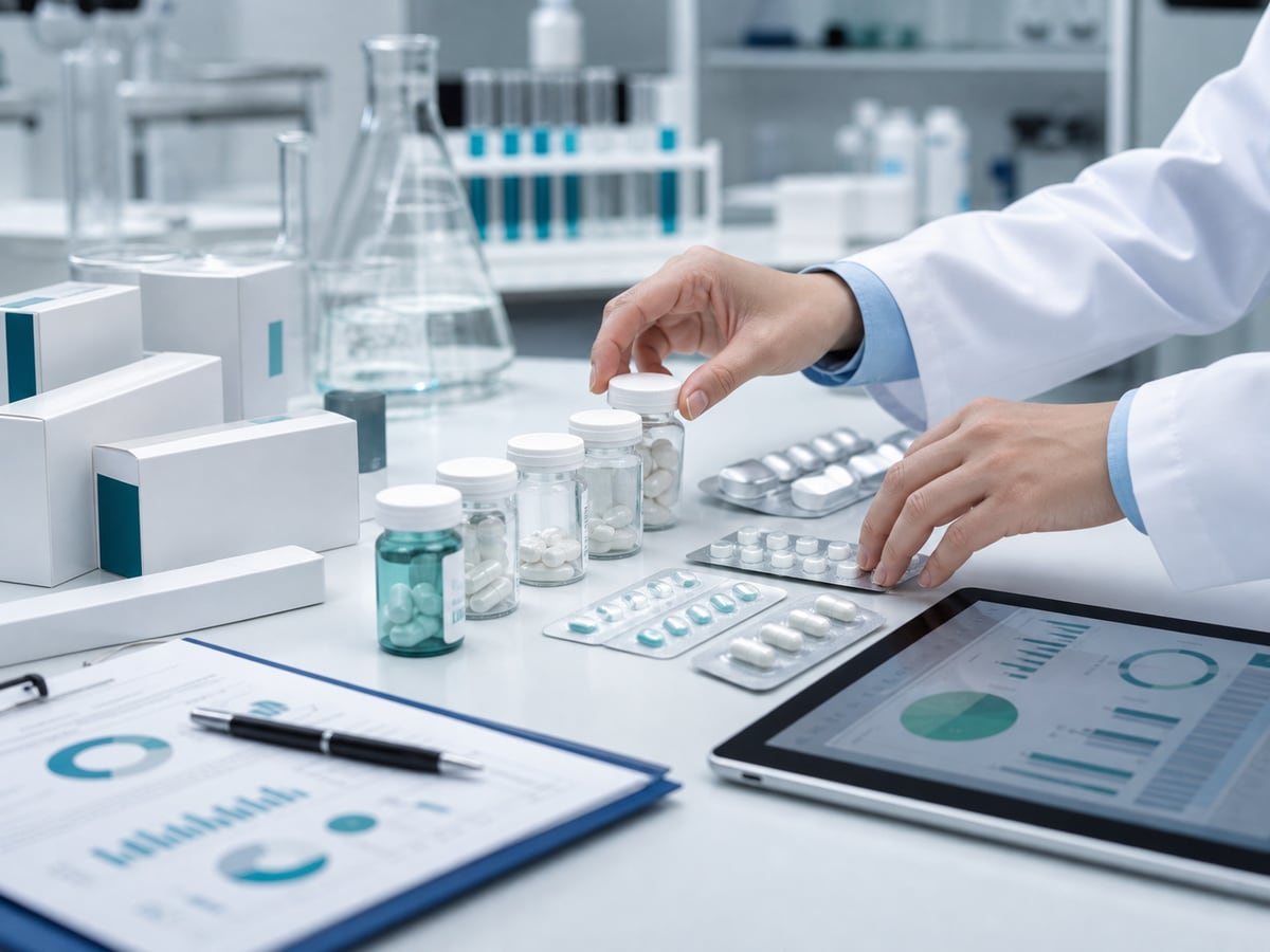 Muestras farmacéuticas y documentación de control de calidad en una mesa de laboratorio