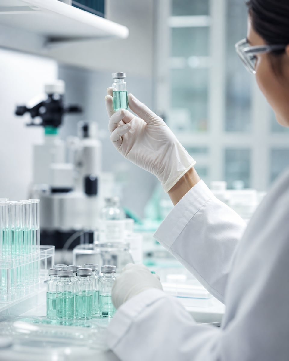 Profesional de laboratorio inspeccionando viales para control de calidad farmacéutica